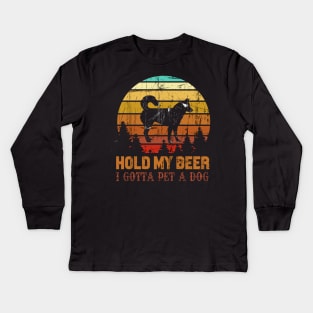 Holding My Beer I Gotta Pet This Siberian Husky Kids Long Sleeve T-Shirt